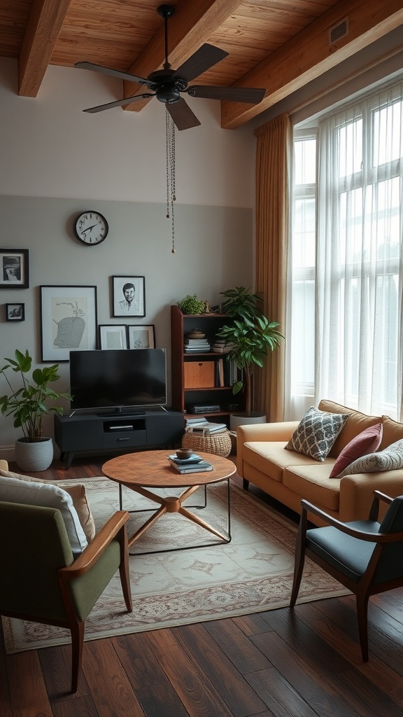 Cozy living room with a mix of modern and mid-century furniture, adorned with plants and artwork.