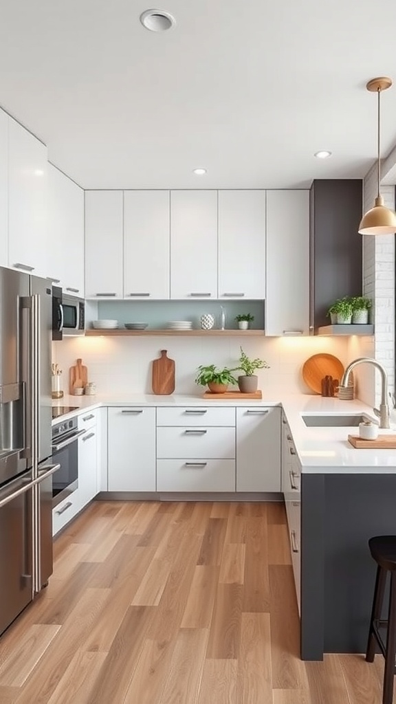 Modern U-shaped kitchen with white and dark cabinetry, wooden accents, and plants.