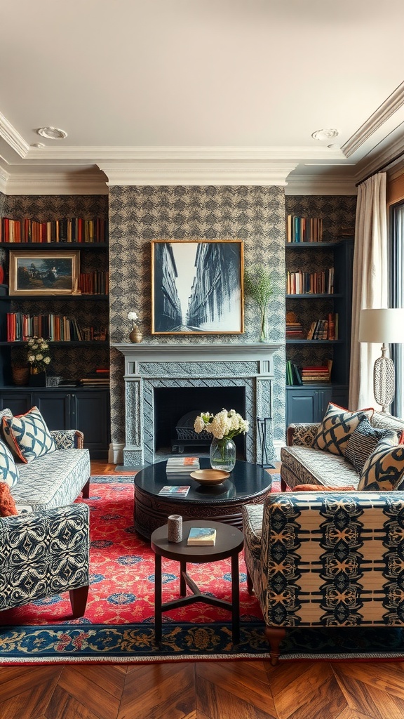 A living room featuring a blend of Mediterranean and Gothic design elements, showcasing patterned sofas, a round coffee table, and a decorative fireplace.