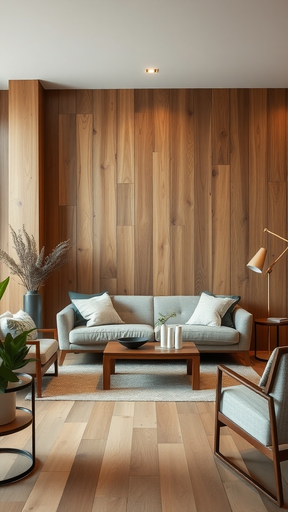 A cozy living room featuring wooden walls, a soft sofa, and modern metal accents.