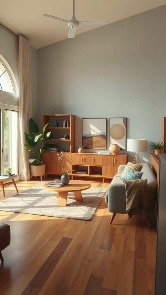 A cozy Mid-Century Modern living room featuring wooden furniture, large windows, and decorative art.