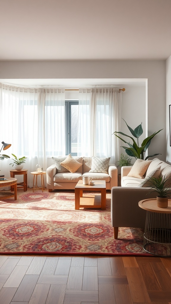 A cozy living room with a patterned area rug, comfortable sofas, and natural light from large windows.