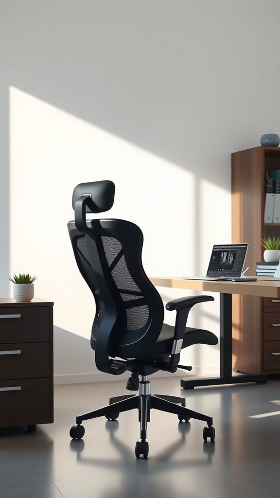 A modern ergonomic chair in a minimalist home office setting with natural light.