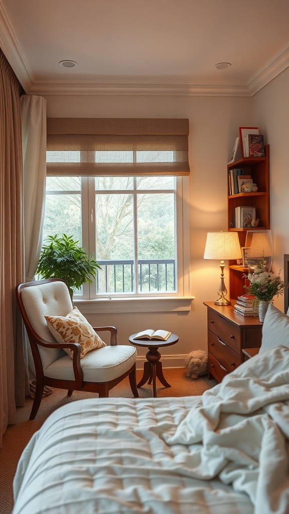 A cozy reading nook with an armchair by a window, small side table, lamp, and a plant.