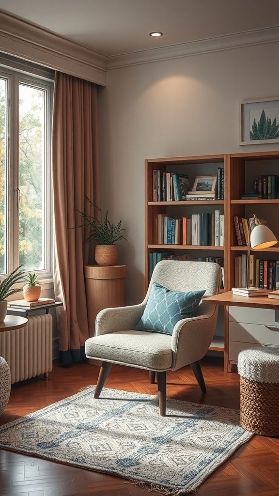 A comfortable reading nook featuring a plush chair, bookshelves, plants, and natural light.