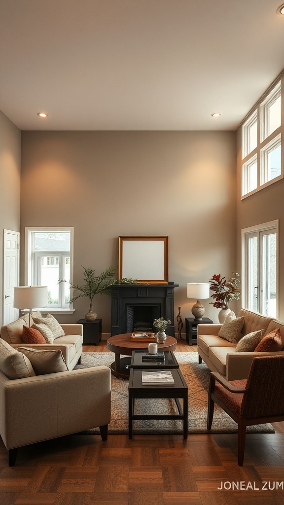 A cozy living room featuring light-colored sofas, a round coffee table, and natural elements