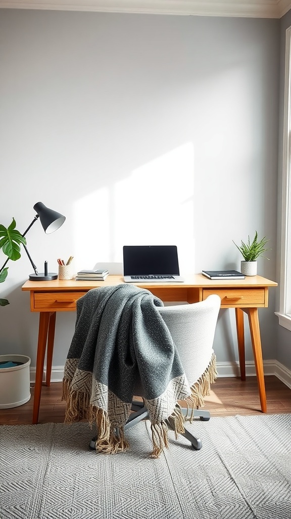 A stylish home office setup featuring a wooden desk, a chair with a cozy throw blanket, and natural light
