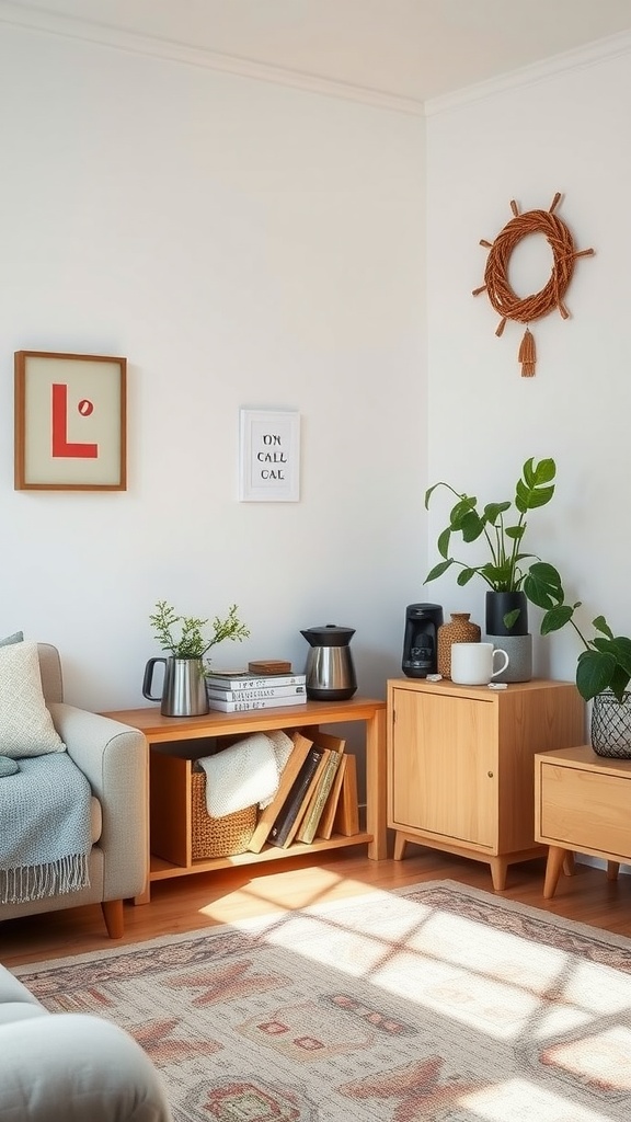 A cozy living room beverage station with a coffee maker, kettle, plants, and decorative elements