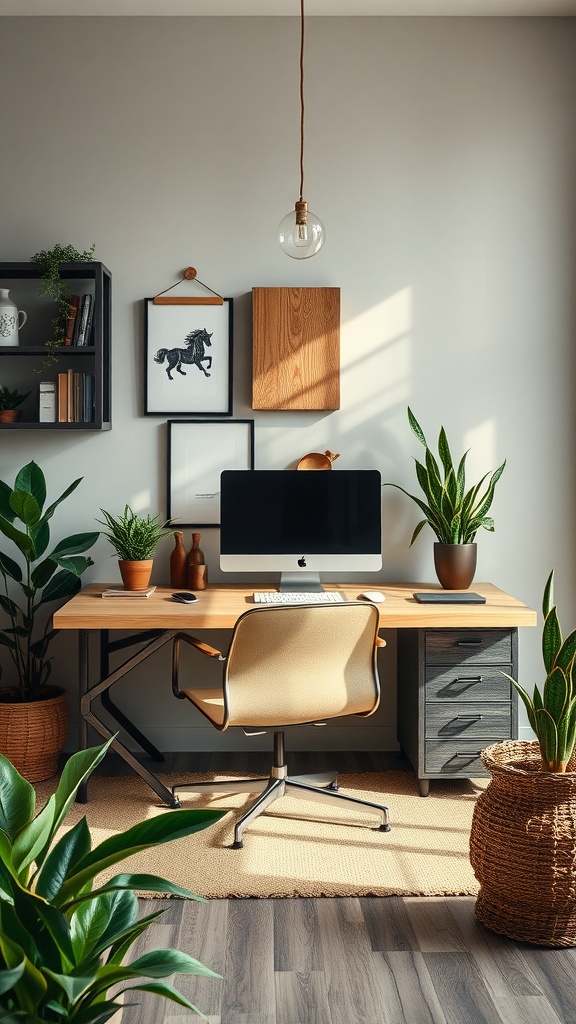 A stylish home office featuring natural elements like plants and a wooden desk.