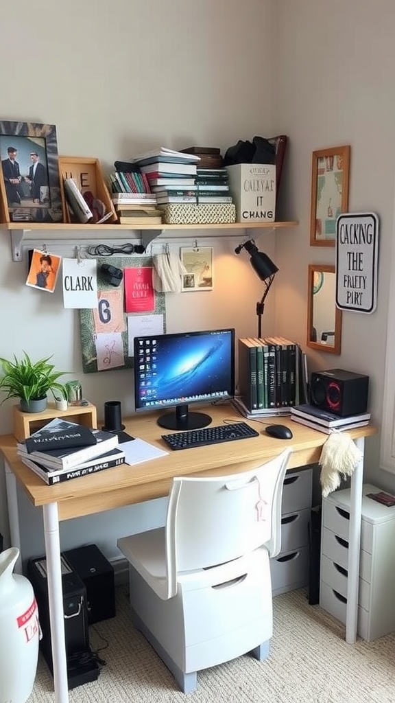 A cozy corner desk setup with a computer, chair, and organized supplies.