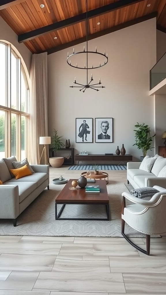 A cozy living room with large windows, soft seating, and warm wooden accents, designed for gatherings.