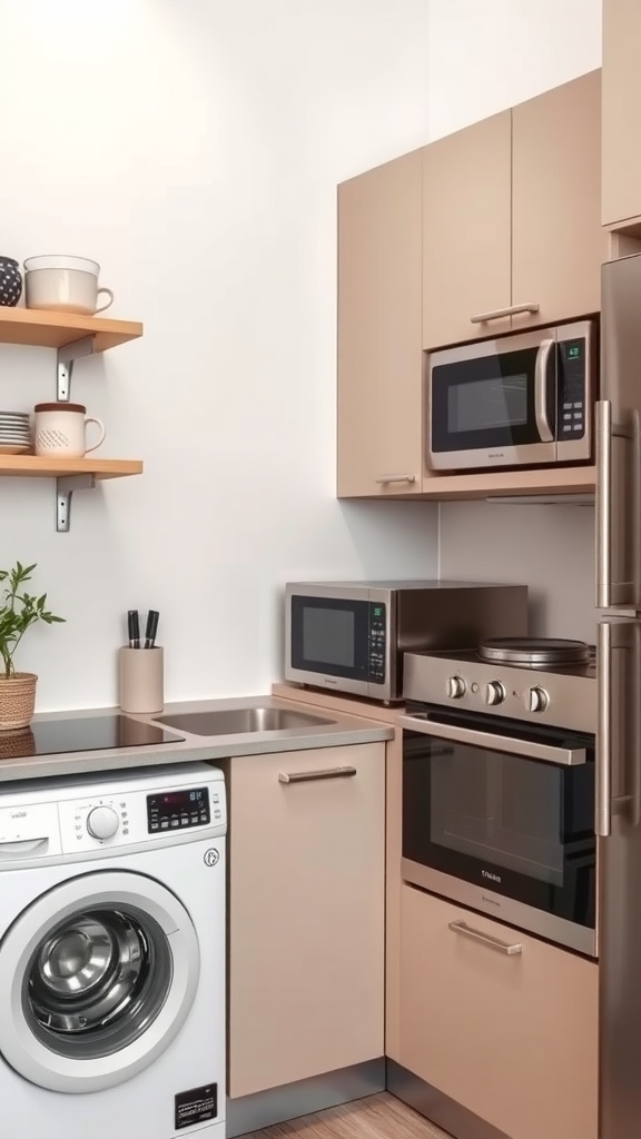 A compact kitchen featuring stacked appliances, a washer, and light-colored cabinets.