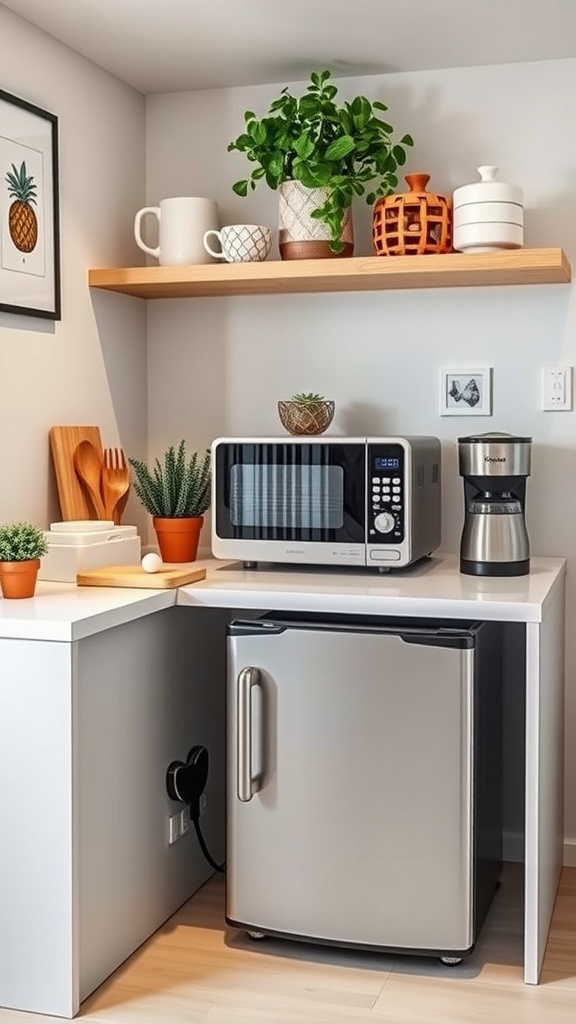 Compact kitchen setup featuring a microwave, coffee maker, and small refrigerator integrated into a stylish design with plants and decorative items.