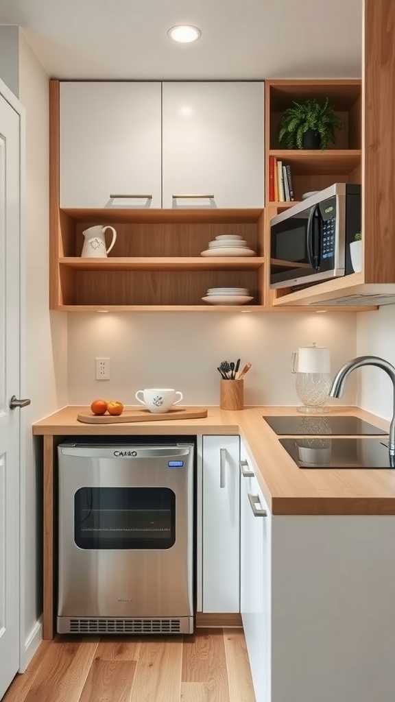 Compact kitchen with a small refrigerator, microwave, and open shelving for storage.