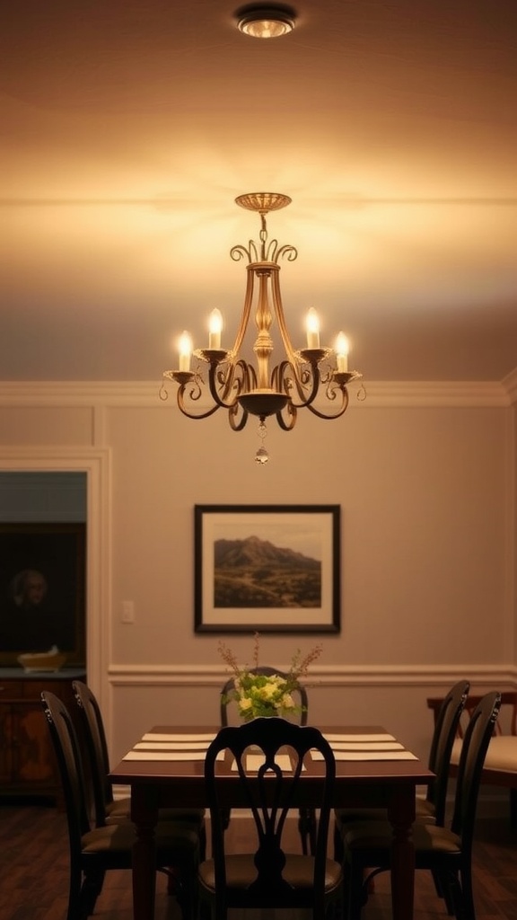 A compact chandelier over a dining table in a softly lit room