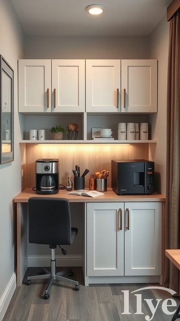 Compact coffee station with a coffee maker, utensils, and storage cabinets in an office setting.