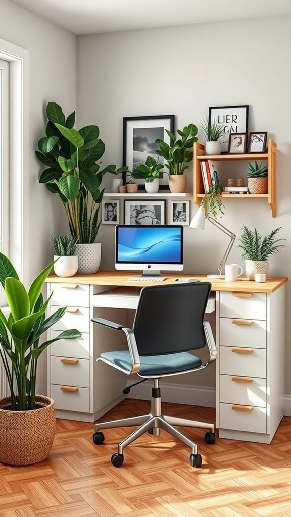 A compact corner desk setup with plants and shelves, showcasing an organized workspace.