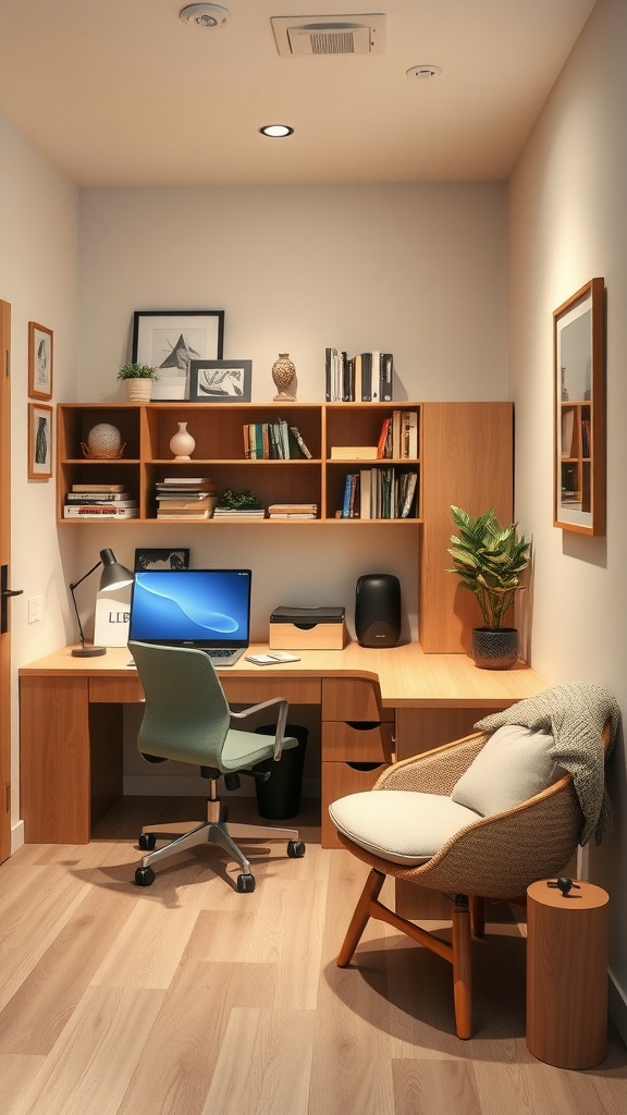 Compact corner office with wooden desk, ergonomic chair, and shelves filled with books and decorative items.