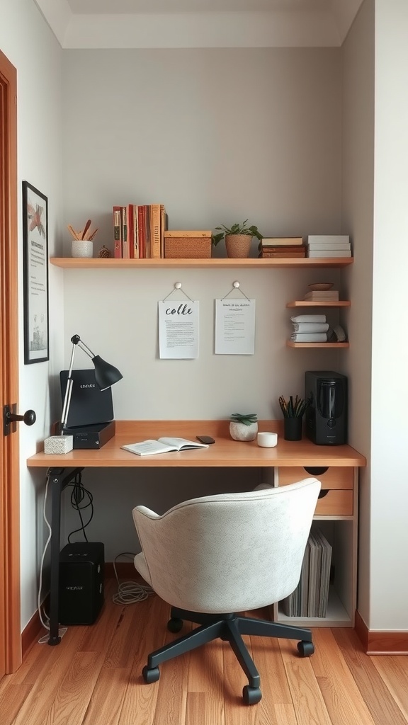 A compact corner workstation featuring a wooden desk, shelves with books, a lamp, and a comfortable chair, ideal for small home office spaces.