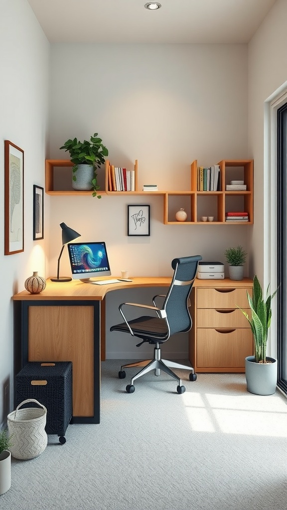 A compact workspace featuring a desk, chair, storage, and wall-mounted shelves with decor and plants.