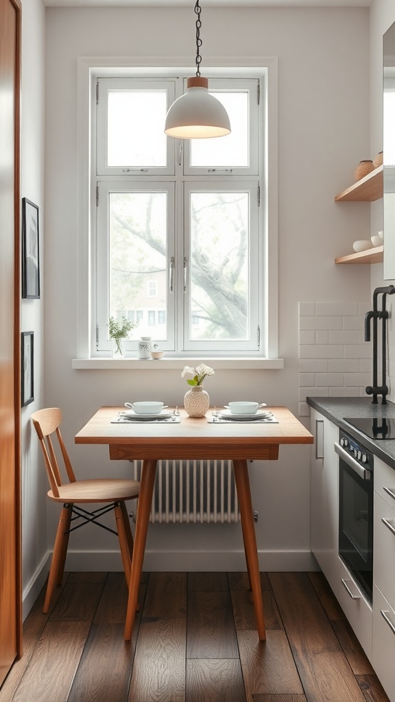 A compact dining area in a small kitchen featuring a light wood table and a chair, set by a window with natural light.