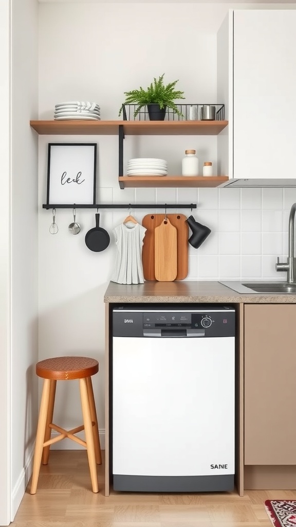 Compact dishwasher in a small kitchen with open shelves and stylish decor