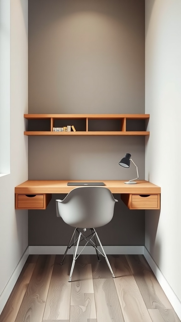 A compact floating desk setup featuring light wood tones, a gray wall, and a modern chair.