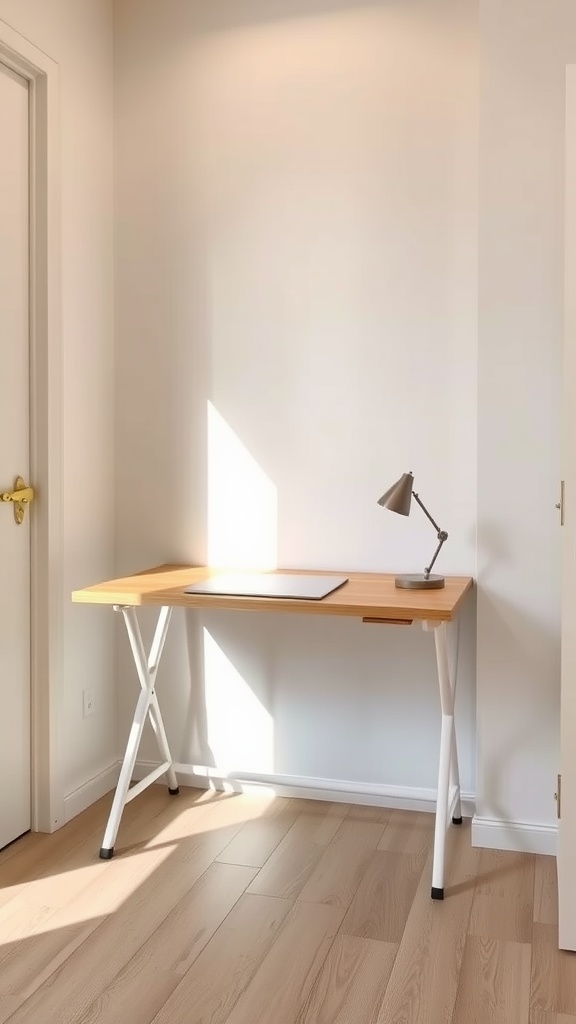 A minimalist home office setup featuring a compact foldable desk with a light wood surface and white legs, accompanied by a desk lamp, set against a bright wall.