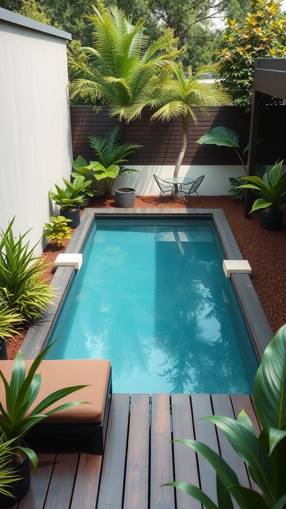 A compact infinity pool surrounded by a wooden deck and lush plants in a tiny backyard.