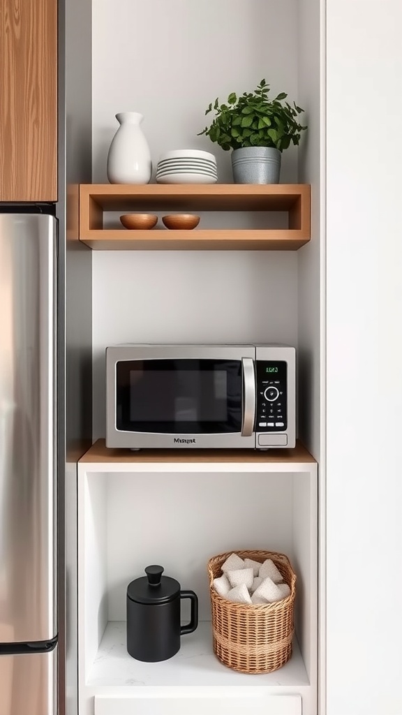 Compact microwave shelf with a microwave, decorative items, and a potted plant in a small apartment kitchen