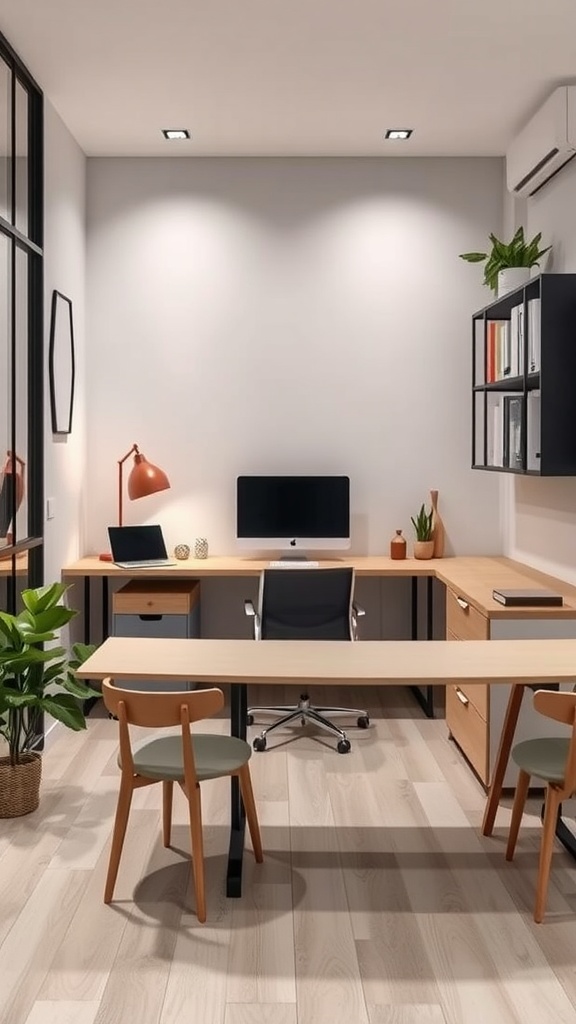 A modern home office featuring compact furniture, a desk, a comfortable chair, and plants.