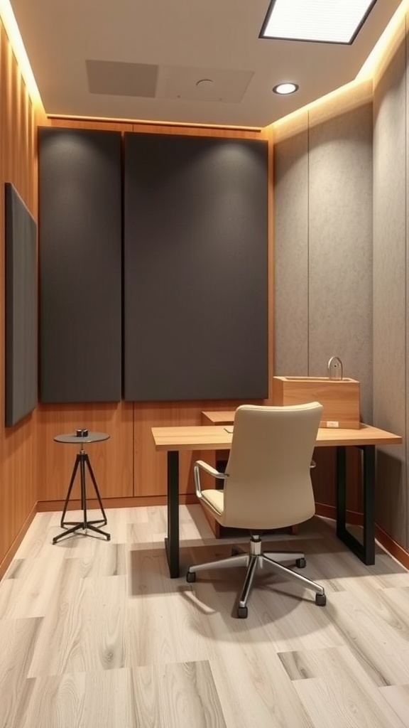 A compact office space featuring soundproof walls, a small desk, and a modern chair.