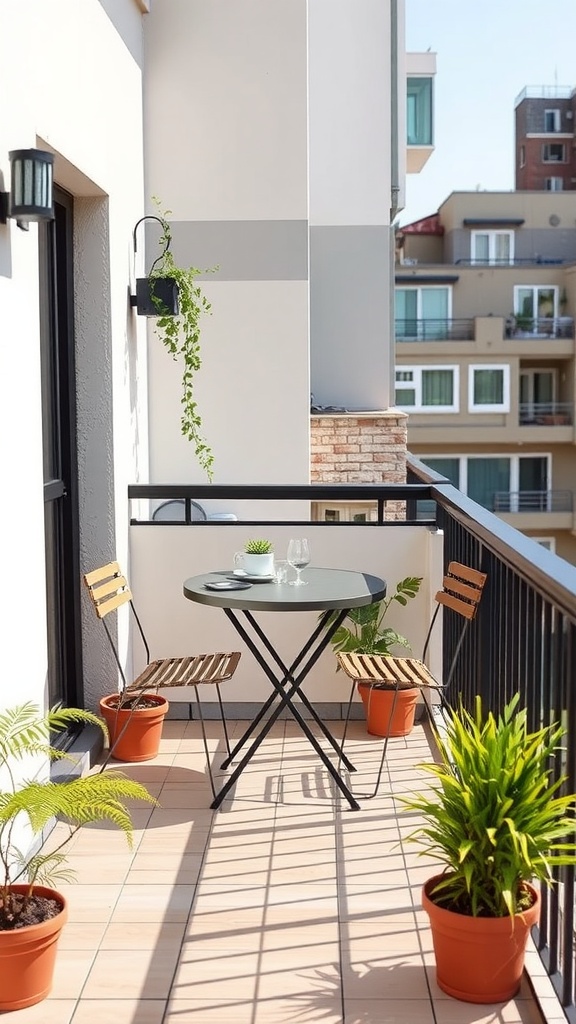 A compact outdoor dining setup on a small balcony featuring a round table, two folding chairs, and potted plants.