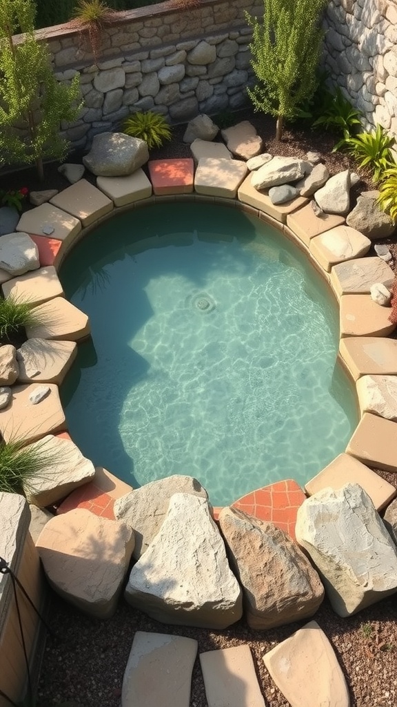 A compact circular pool surrounded by natural stone and greenery