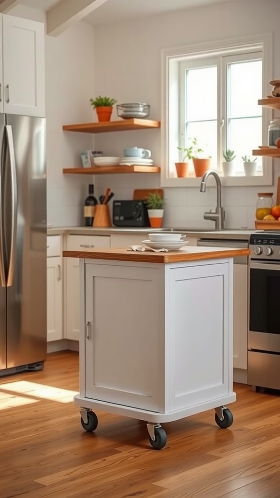 A compact rolling kitchen island in a modern kitchen, featuring a white exterior and wooden top.