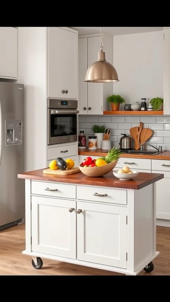 A compact two-tier kitchen island with a wooden top, featuring a bowl of colorful fruits and wheels for mobility.