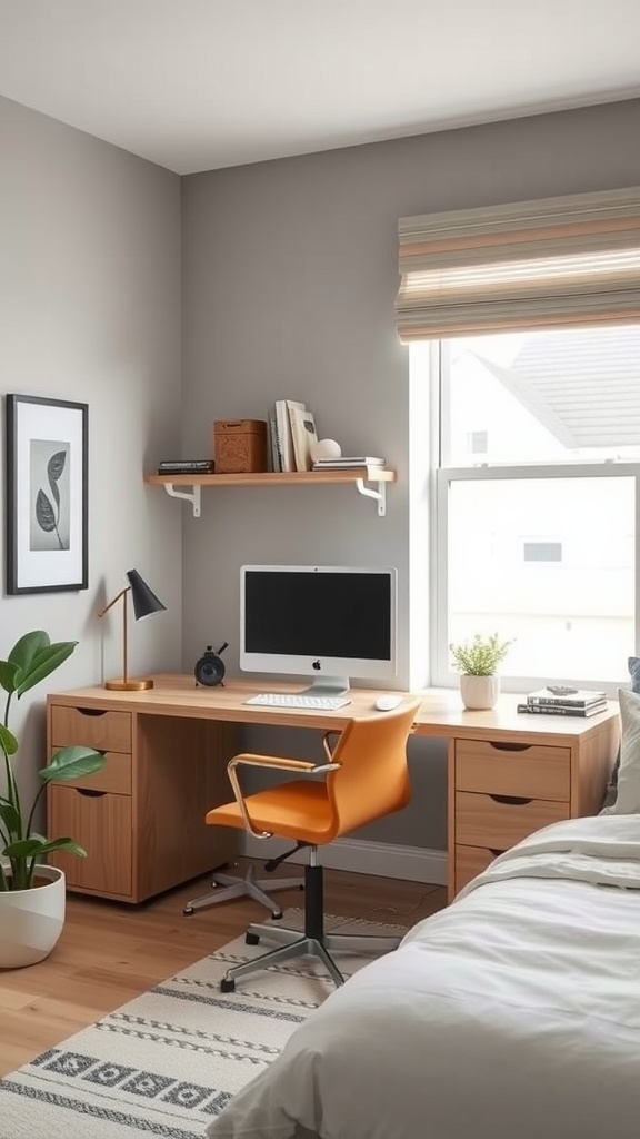 A compact workstation featuring a wooden desk, an orange chair, and a shelf with books and plants.