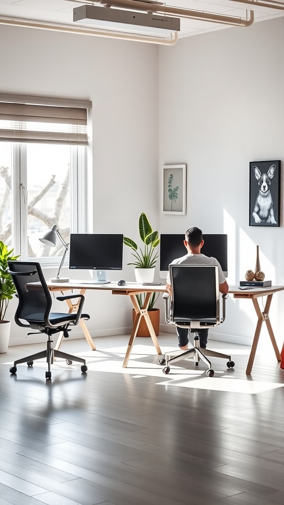 A bright home office setup for two people, featuring a spacious desk with two monitors, ergonomic chairs, and plants.