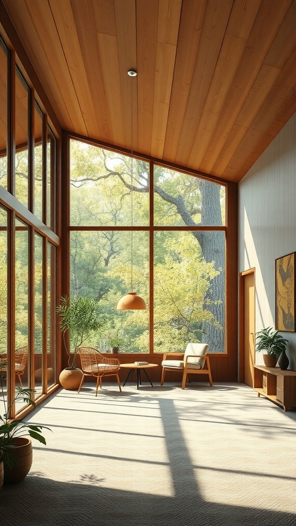 A bright and airy mid-century modern living space featuring large windows, wooden beams, and plants, showcasing a connection to nature.