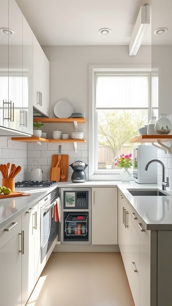 A modern galley kitchen with white cabinets, wooden shelves, and sleek appliances.