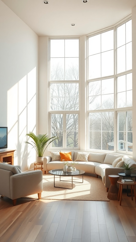A bright living room with large windows allowing natural light to fill the space, featuring a cozy sofa, a coffee table, and decorative plants.
