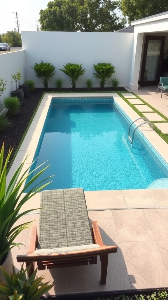 Contemporary backyard pool lounge with a small pool, lounge chair, and greenery.