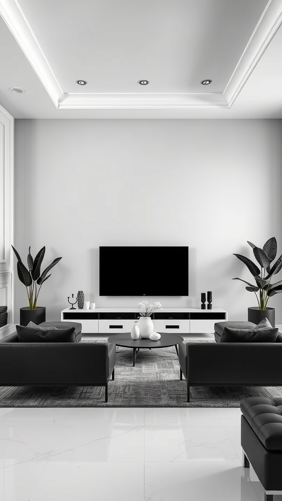 A modern luxury living room featuring a black and white theme, with leather sofas, a wall-mounted TV, and stylish decor.