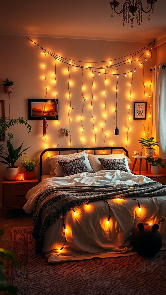 A cozy bedroom featuring fairy lights, plants, and a stylish bed, creating a warm and inviting atmosphere.