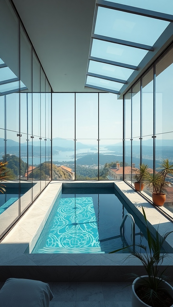 A contemporary indoor pool surrounded by glass walls, showcasing a scenic view.