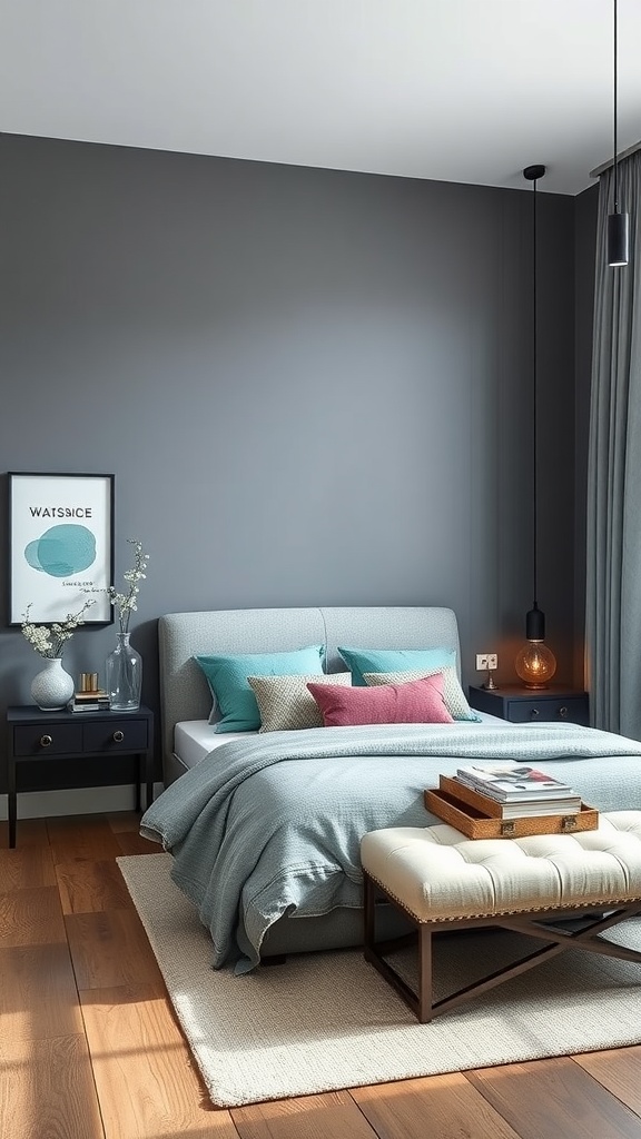 A contemporary bedroom featuring gray walls and aqua accents with a cozy bed and stylish decor.