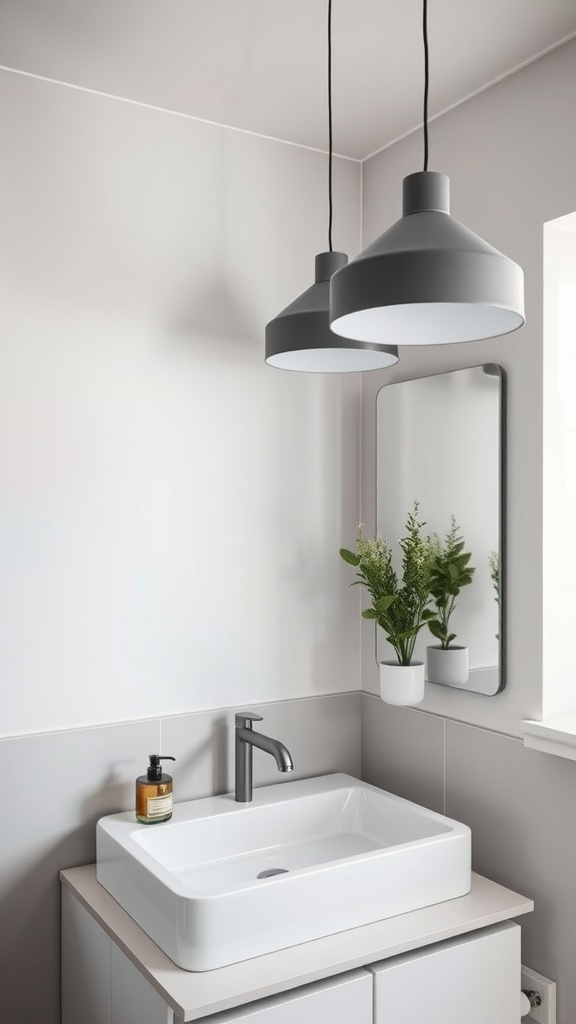 Contemporary gray pendant lights over a modern sink in a gray and white bathroom