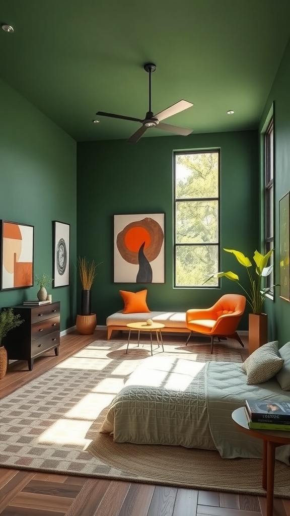 Cozy bedroom featuring green walls and terracotta decor elements.