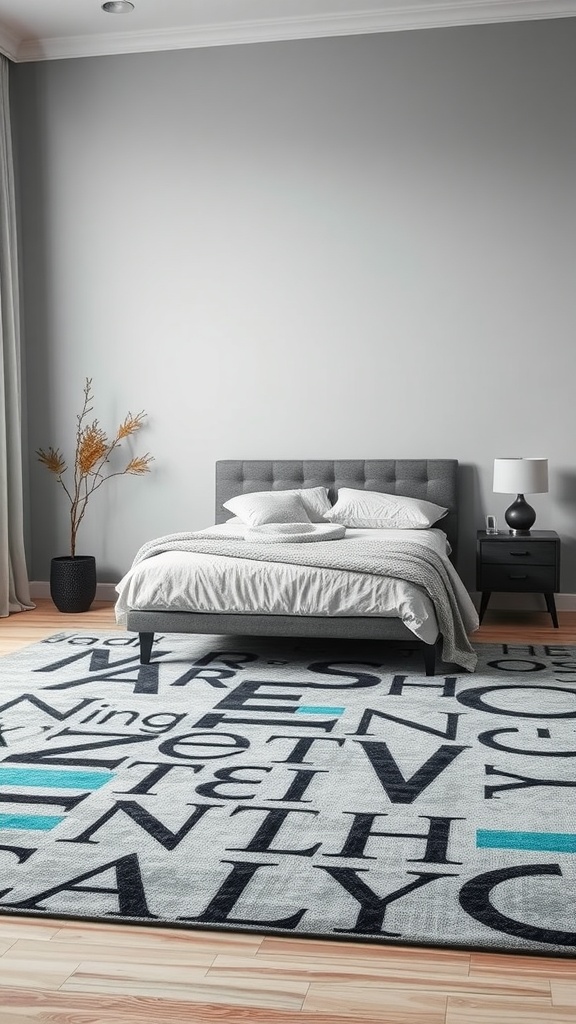 A contemporary grey rug with teal highlights on a wooden floor in a stylish bedroom setting.