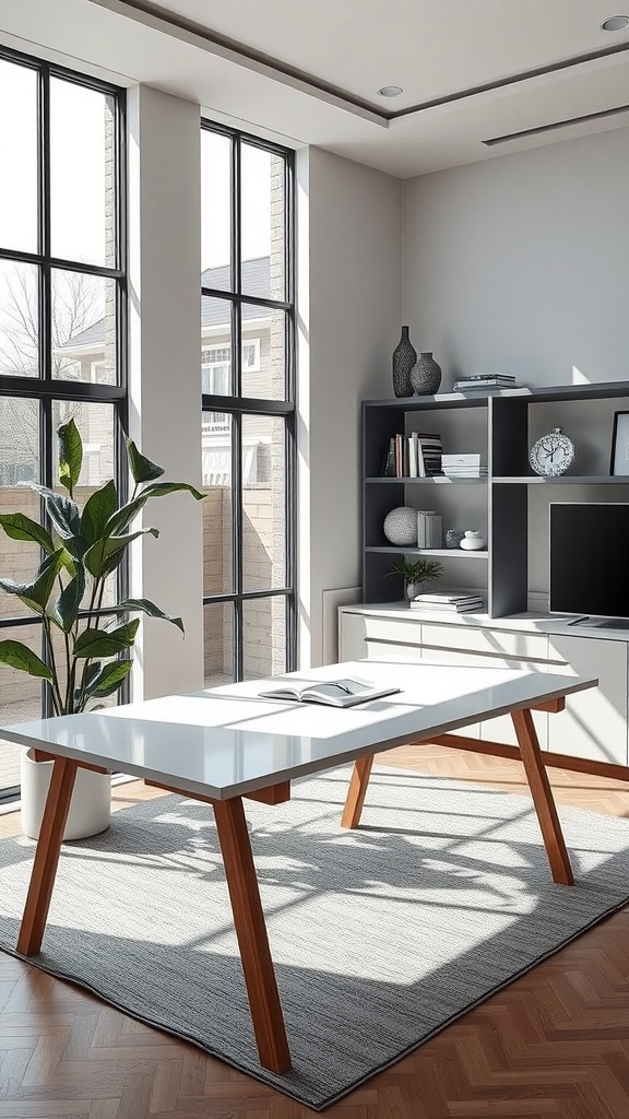 Contemporary home office with large windows, sleek white desk, wooden legs, and green plant.